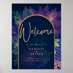 Peacock Blue Jewel Tones Floral Gold Text Wedding Poster
