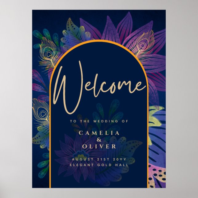 Peacock Blue Jewel Tones Floral Gold Text Wedding Poster (Vorne)