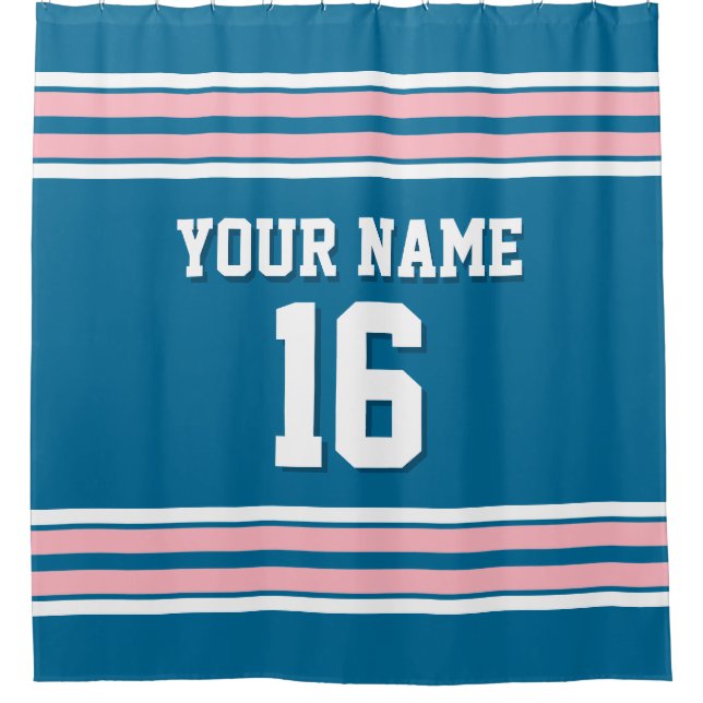 Peacock Blue, Pink White Stripes Sports Jersey Duschvorhang (Vorderseite)