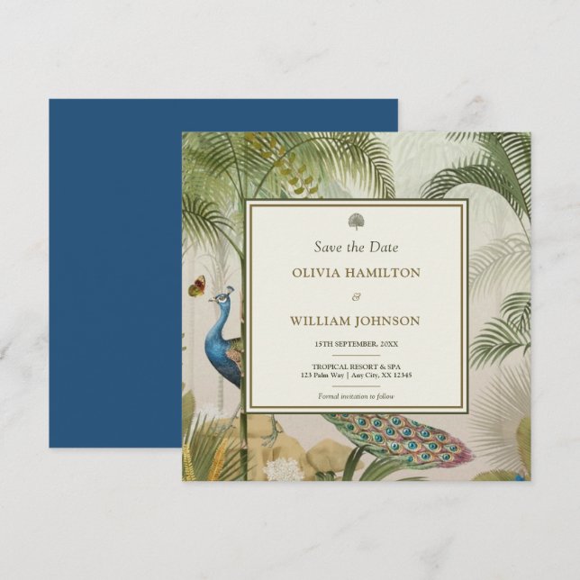 Peacock Blue Square Tropical Peacock Palm Save The Date (Vorne/Hinten)