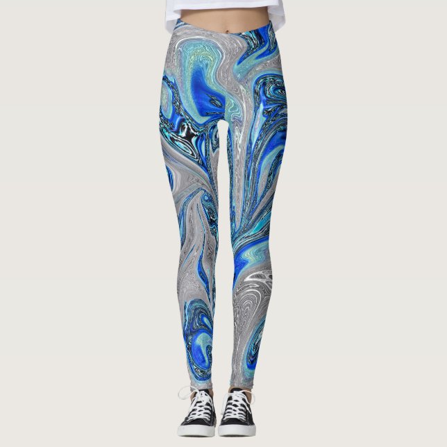 Peacock Blue und Silver Marble Abstrakt Leggings (Vorderseite)