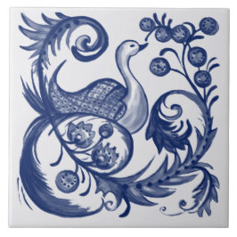 Peacock Blue White Swirl Vintages Folk Design Fliese