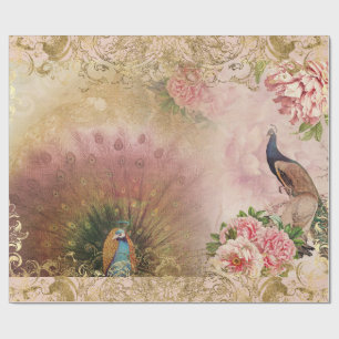 Peacock Blush Pink Peony Floral Gold Decoupage Geschenkpapier