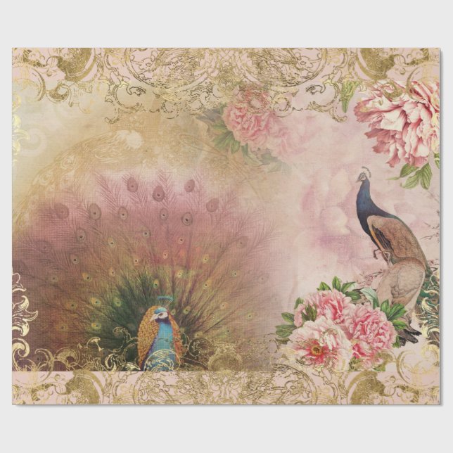 Peacock Blush Pink Peony Floral Gold Decoupage Geschenkpapier (Flach)