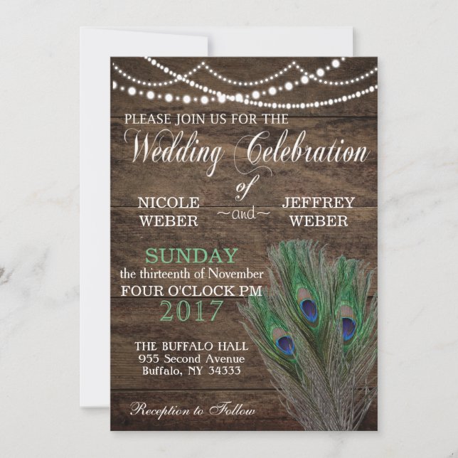 Peacock Boho Country Wood Wedding Einladung (Vorderseite)