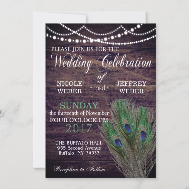 Peacock Boho Land Wood Wedding Einladung (Vorderseite)