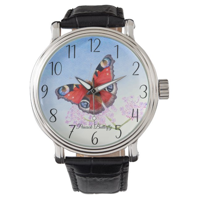 Peacock Butterfly Aquarellmalerei Armbanduhr (Vorderseite)