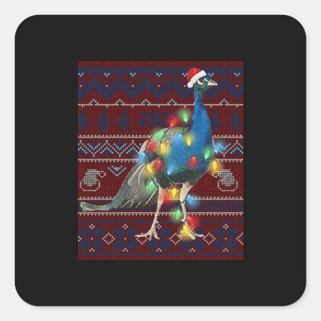 Peacock Christmas Lights Ugly Sweater Goat Lover Quadratischer Aufkleber (Vorderseite)