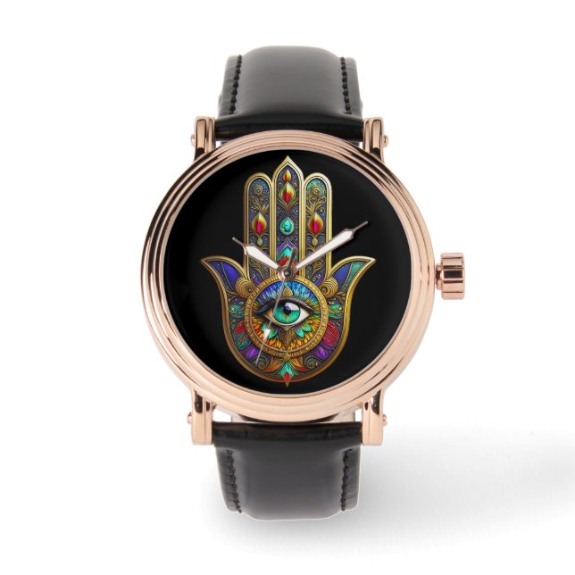Peacock Color Flower Petals Hamsa Green Third Eye Armbanduhr (Vorderseite)