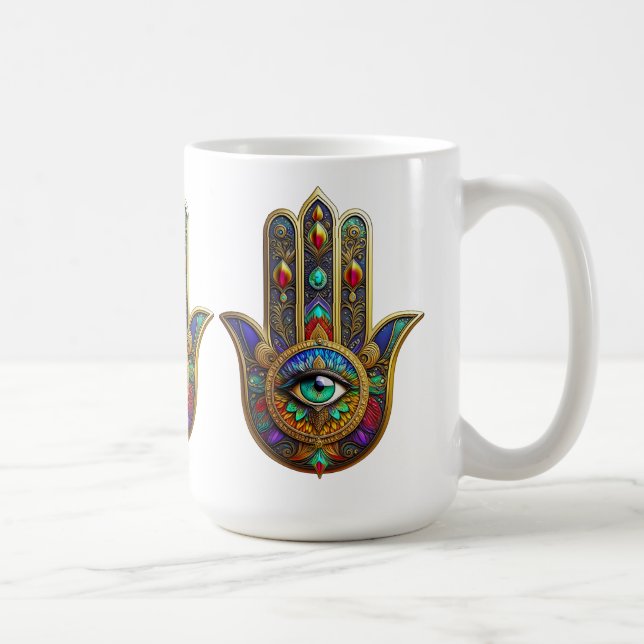 Peacock Color Flower Petals Hamsa Green Third Eye Kaffeetasse (Rechts)