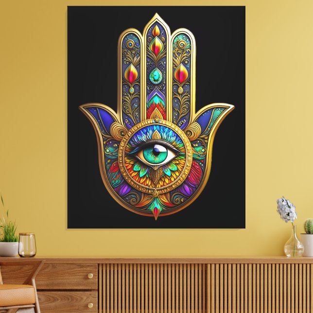 Peacock Color Flower Petals Hamsa Green Third Eye Leinwanddruck (Insitu (Wohnzimmer))