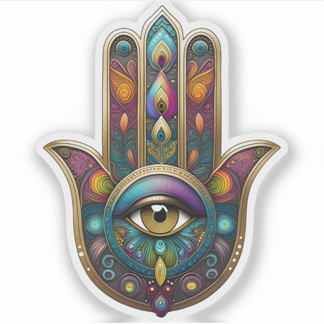 Peacock Colors Hamsa w/ Gold Third Eye Aufkleber (Vorderseite)