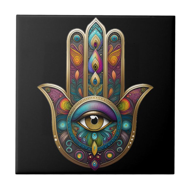 Peacock Colors Hamsa w/ Gold Third Eye Fliese (Vorderseite)