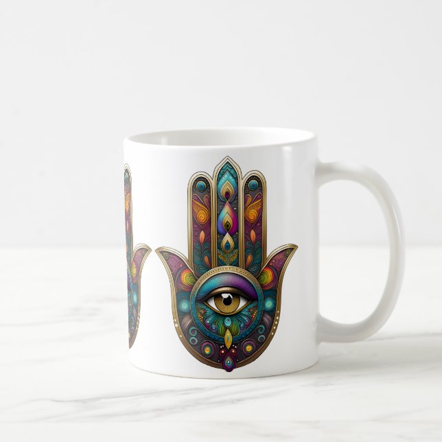 Peacock Colors Hamsa w/ Gold Third Eye Kaffeetasse (Rechts)
