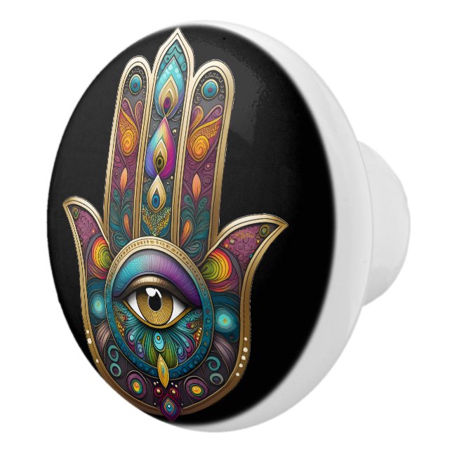 Peacock Colors Hamsa w/ Gold Third Eye Keramikknauf (Rechts)