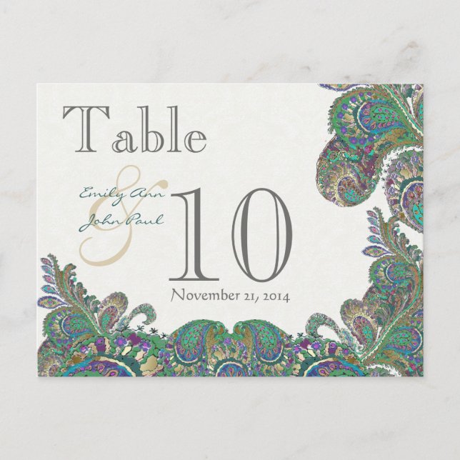 Peacock Colors Paisley Wedding Tischnummer (Vorderseite)