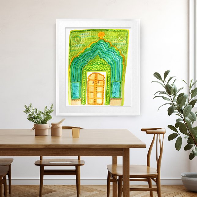 Peacock Door Watercolor Jaipur Stadtpalast Green Poster (Peacock Door Watercolor Jaipur City Palace Green Poster Wall Art colorful green unique)