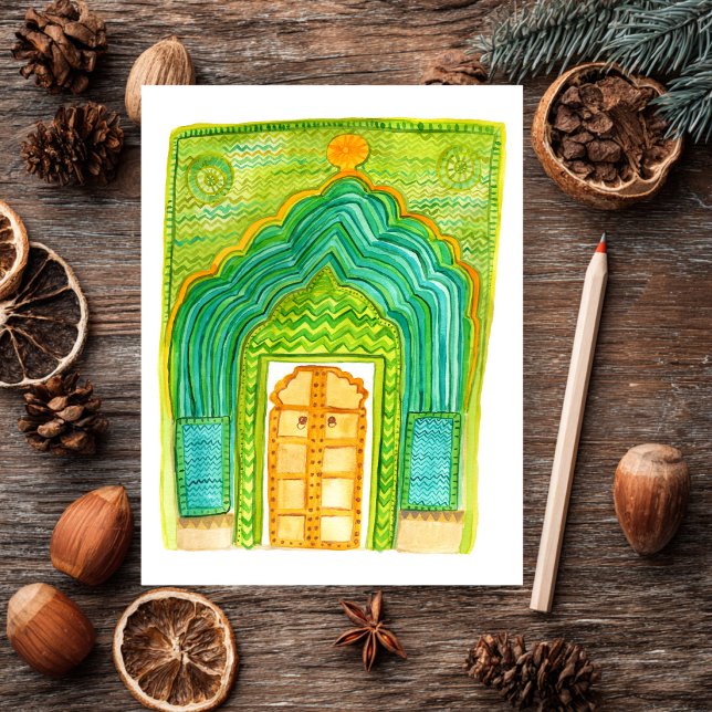 Peacock Door Watercolor Jaipur Stadtpalast Green Postkarte (Peacock Door Watercolor Jaipur City Palace Green Postcard
)
