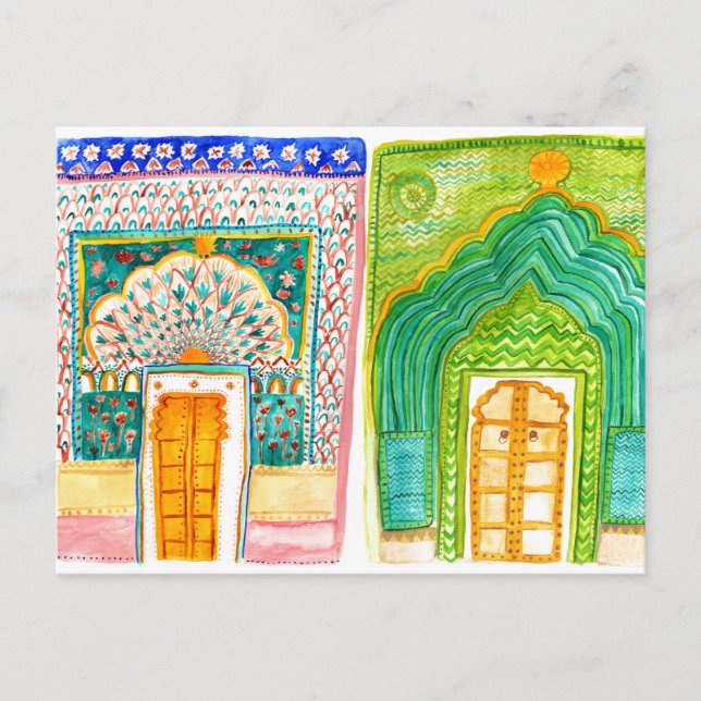Peacock Doors Watercolor Jaipur City Palace Postkarte (Vorderseite)