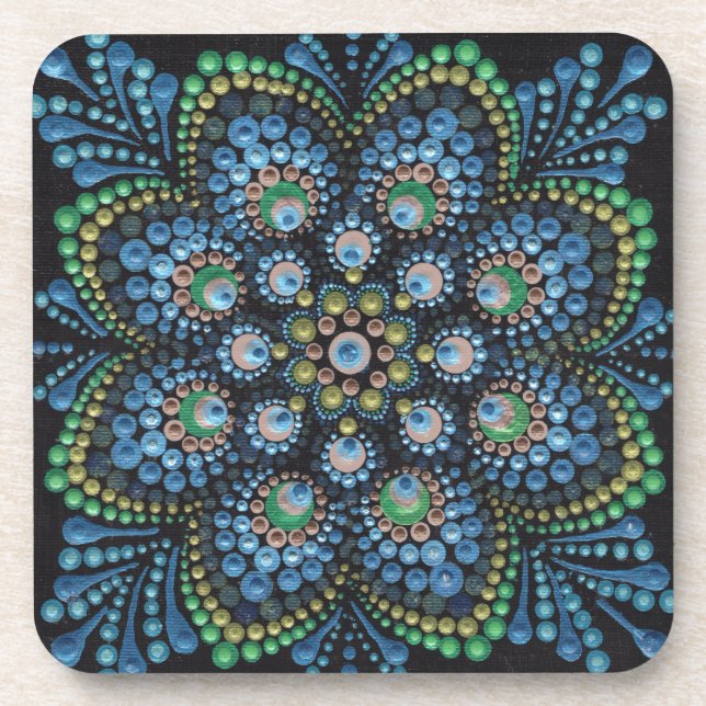 Peacock Dot Mandala Getränkeuntersetzer (Vorderseite)