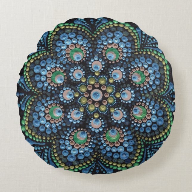 Peacock Dot Mandala Throw Pillow Rundes Kissen (Vorderseite)