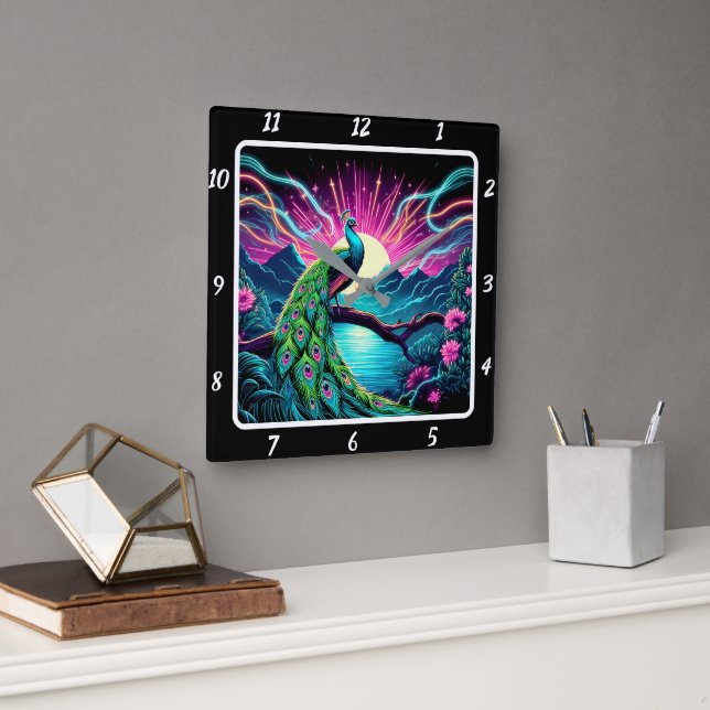 Peacock Elegance Neon Quadratische Wanduhr (Büro)