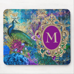 Peacock Elegant Vintages Lila Aquamarines Gold Mon Mousepad