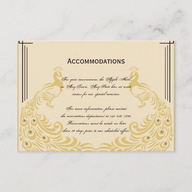 Peacock Elegante mit einem Art Deco Flair Hochzeit Begleitkarte (Vorderseite)