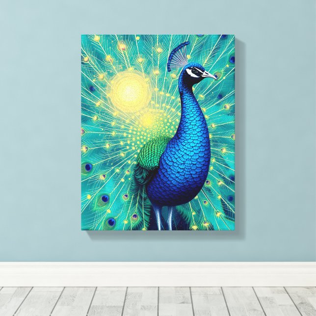 Peacock Energies in Bloom – Premium Wrapped Canvas Leinwanddruck (Insitu (Holzboden))