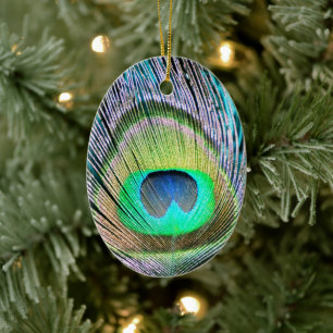 Peacock Feather auf Türkis Keramik Ornament
