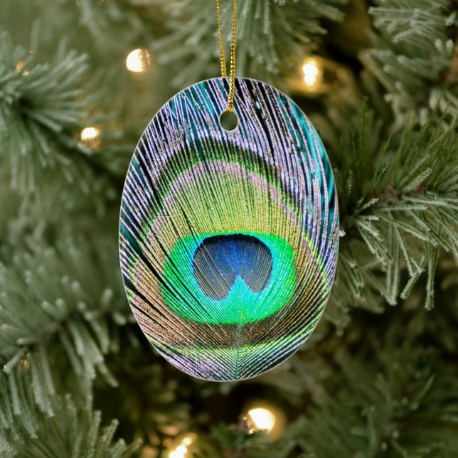 Peacock Feather auf Türkis Keramik Ornament (Baum)