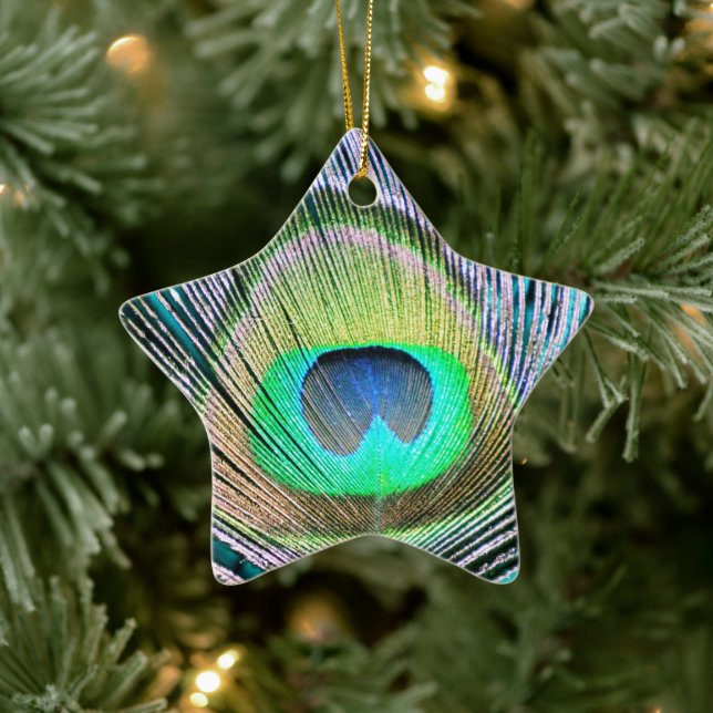Peacock Feather auf Türkis Keramik Ornament (Baum)