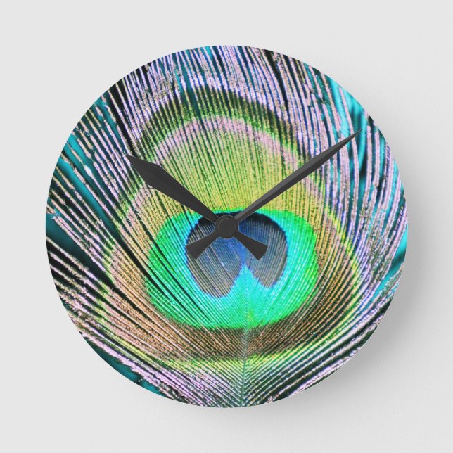 Peacock Feather auf Türkis Runde Wanduhr (Vorderseite)