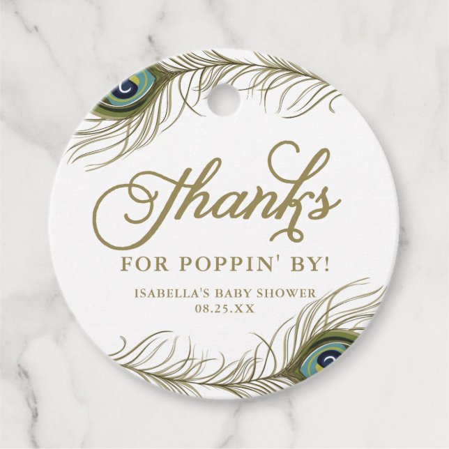 Peacock Feather Baby Dusche Danke Champagne Geschenkanhänger (Vorderseite)