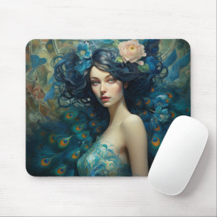 Peacock Feather Beauty: Frauen in Aquamarin und bl Mousepad