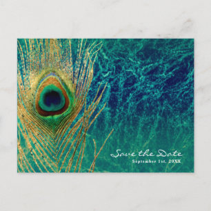 Peacock Feather Blue Aquamarin Gold Glam Save the  Ankündigungspostkarte