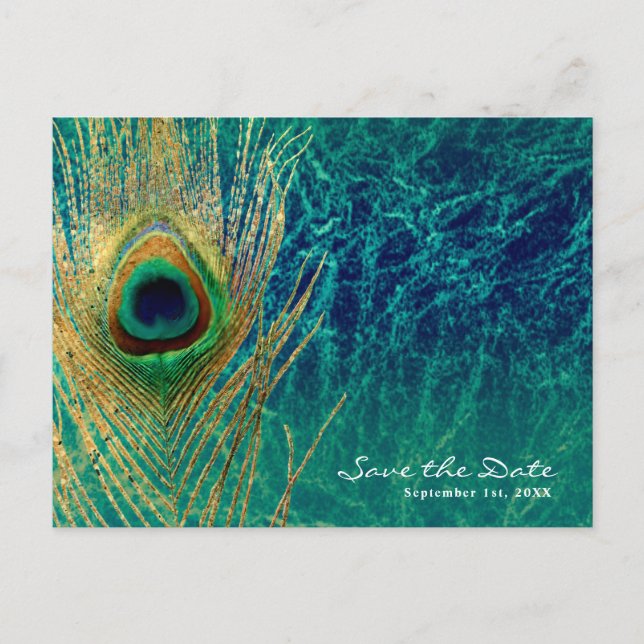 Peacock Feather Blue Aquamarin Gold Glam Save the  Ankündigungspostkarte (Vorderseite)