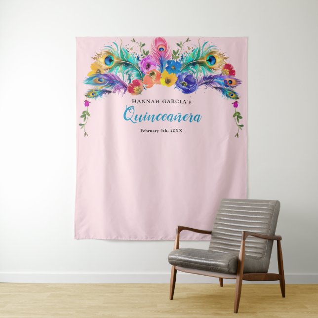Peacock Feather Blume Quinceañera Foto Hintergrund Wandteppich (Beispiel)