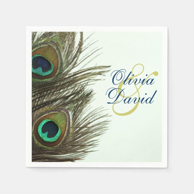 Peacock Feather Bride und Groom Wedding Napkins Serviette (Vorderseite)
