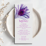 Peacock Feather Chic Glitzer Lila Bat Mitzvah Menükarte<br><div class="desc">Dieses Design besticht durch eine elegante rosa und lila Pfauenfeder auf weißem Hintergrund mit den unten stehenden Informationen zum Bat Mitzvah Menü. Personalisieren Sie den Text in den Textfeldern, indem Sie ihn bearbeiten. Für Sie entworfen von Evco Studio www.zazzle.com/store/evcostudio #mitzvah #batmitzvah #evplanner #mazeltov #jewish #mitzvahswag #Party #jewishlife #wedding #kosher #mitzvahlife...</div>