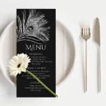 Peacock Feather Chic Glitzer Silver Bat Mitzvah Menükarte<br><div class="desc">Dieses Design besticht durch eine elegante silberne Pfauenfeder auf schwarzem Hintergrund mit den unten stehenden Informationen zum Bat Mitzvah Menu. Personalisieren Sie den Text in den Textfeldern, indem Sie ihn bearbeiten. Für Sie entworfen von Evco Studio www.zazzle.com/store/evcostudio #mitzvah #batmitzvah #evplanner #mazeltov #jewish #mitzvahswag #Party #jewishlife #wedding #kosher #mitzvahlife #corporateevents #mitzvahparty...</div>