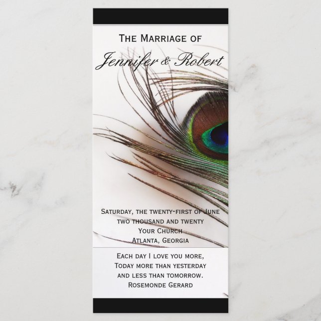 Peacock Feather Glamour WeddingProgram Programm (Vorderseite)