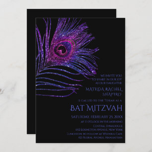 Peacock Feather Glitzer Lila Bat Mitzvah Logo Einladung