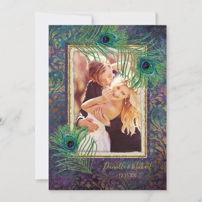 Peacock Feather Glitzer Lila Foto Save the Date (Vorderseite)