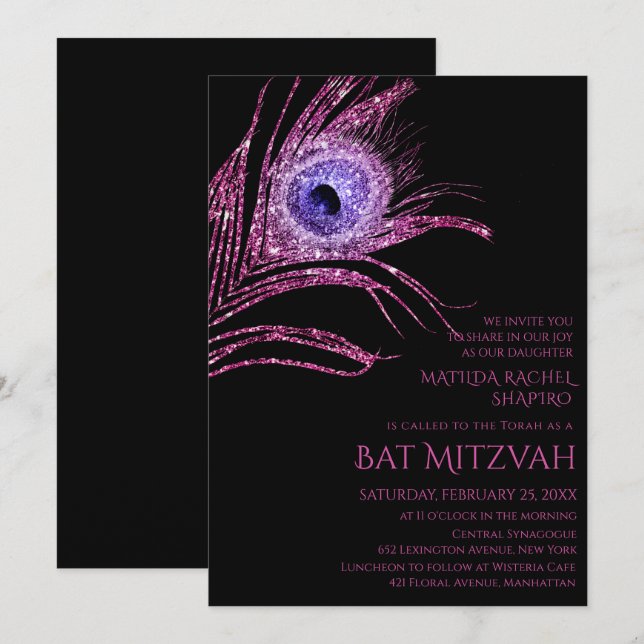 Peacock Feather Glitzer Pink Bat Mitzvah Logo Einladung (Vorne/Hinten)