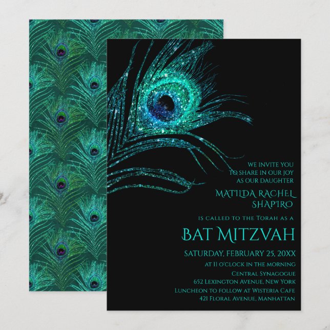 Peacock Feather Glitzer Türkis Bat Mitzvah Logo Einladung (Vorne/Hinten)