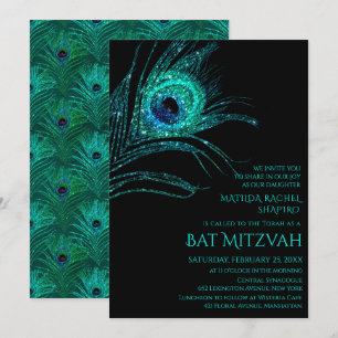 Peacock Feather Glitzer Türkis Bat Mitzvah Logo Einladung