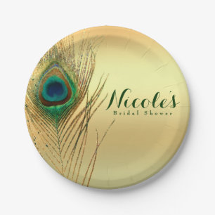 Peacock Feather Gold Exotic Boho Chic Custom Party Pappteller