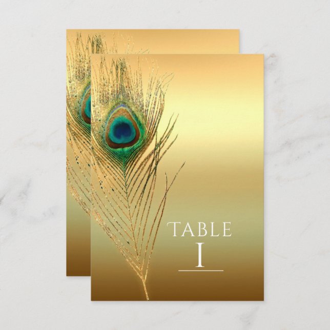 Peacock Feather Gold Exotic Boho Chic Tischnummer (Vorne/Hinten)