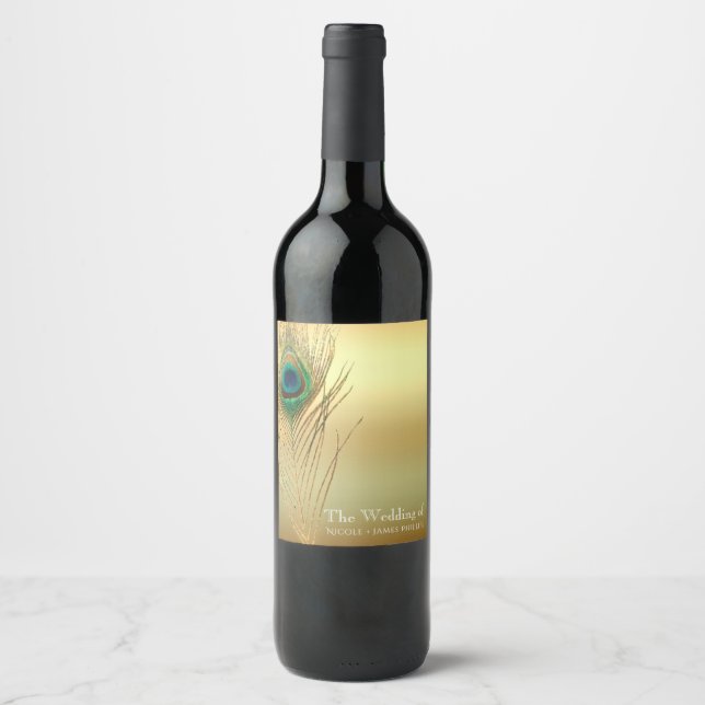 Peacock Feather Gold Exotic Boho Chic WIne Labels Weinetikett (Vorderseite)